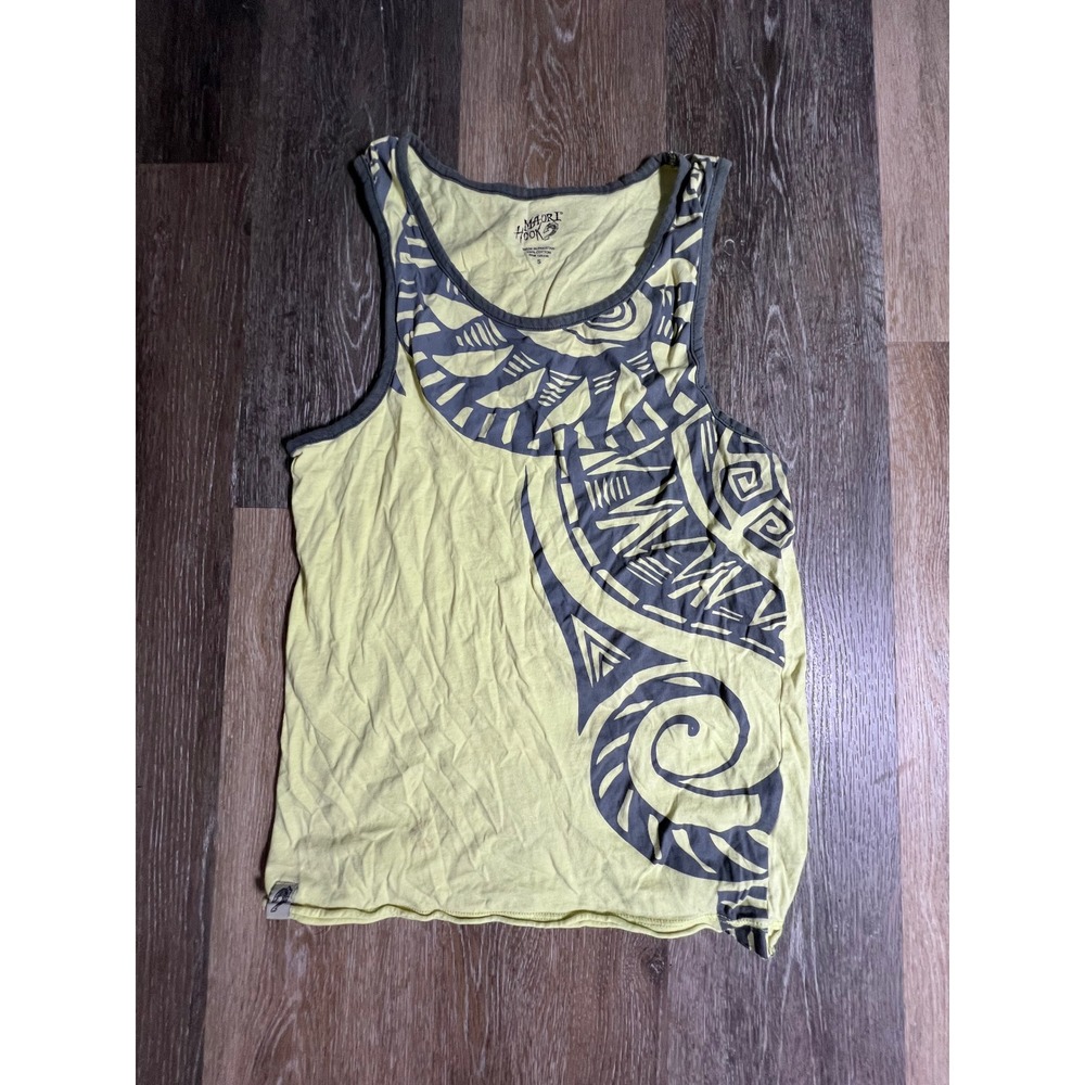 Maori Hook Tank Top Mens‎ Small Yellow Grey Tribal Graphic Cotton Sleeveless